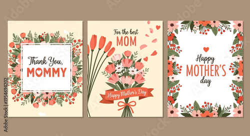 Set of Mother's Day Greeting Cards with Elegant Floral Illustrations and Typography - Thank You Mommy and Best Mom Posters