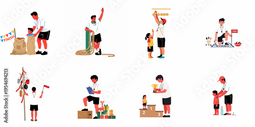 Collection of flat illustrations showing traditional Indonesian Independence Day games and competitions featuring children and a sports official on a white background.