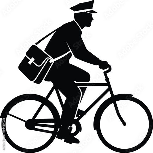 Postman on bicycle with mailbag silhouette icon with represents postal service