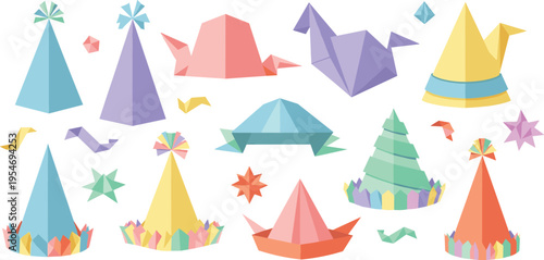 Origami paper shapes collection with colorful folded objects and geometric designs isolated on white background vector illustration set