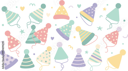 Pastel party hats collection with cute birthday caps and confetti flat vector illustration set
