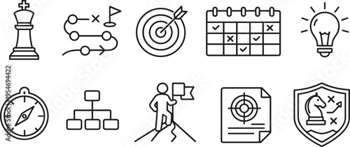 Business strategy and planning icons: chess king, roadmap, target, calendar, lightbulb, compass, org chart