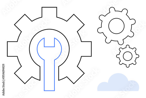 Maintenance, mechanical engineering, cloud technology, industrial processes, digital tools, technological support. Large gear with inset wrench surrounded by smaller gears and a cloud. Maintenance