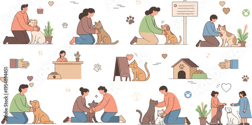 People adopting and caring for pets collection with dogs and cats isolated on white background animal shelter vector illustration set