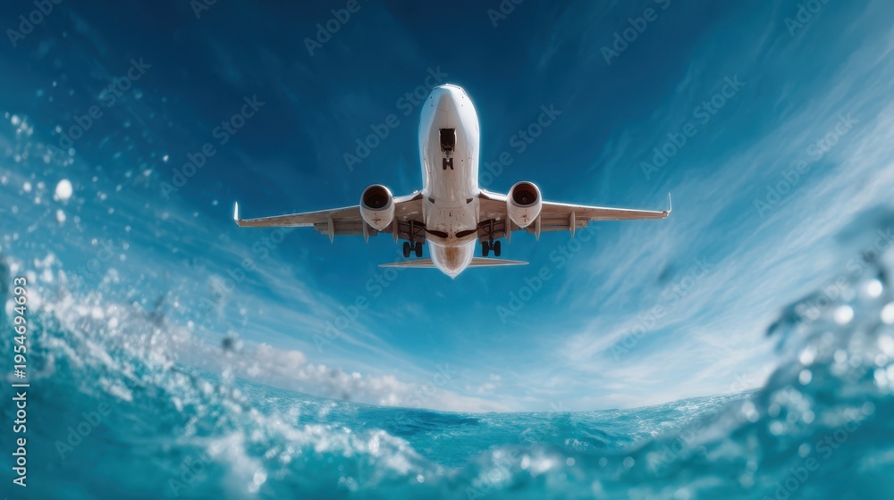 Naklejka premium A stunning view of an airplane soaring above the ocean, perfectly capturing the blend of aviation and nature amidst vibrant blue skies and gentle waves.