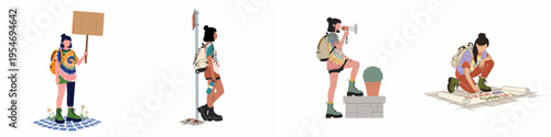 Flat illustration set of a young female activist in various poses, including holding a blank sign, using a megaphone, and writing on a banner.