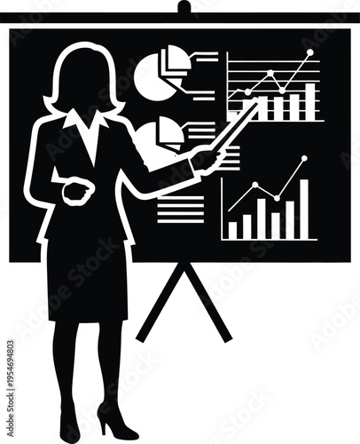Businesswoman presenting financial data on flip chart, silhouette