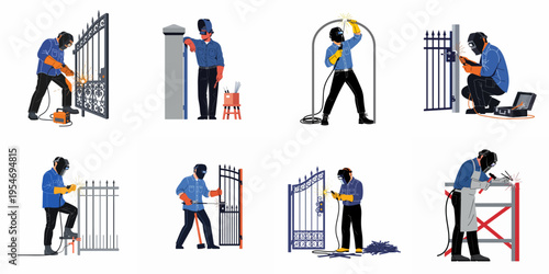 Collection of professional welder illustrations performing metalwork on iron gates and fences using welding equipment and wearing protective safety gear.