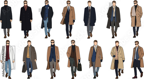 Stylish men wearing coats collection with different outfits isolated on white background fashion illustration vector set