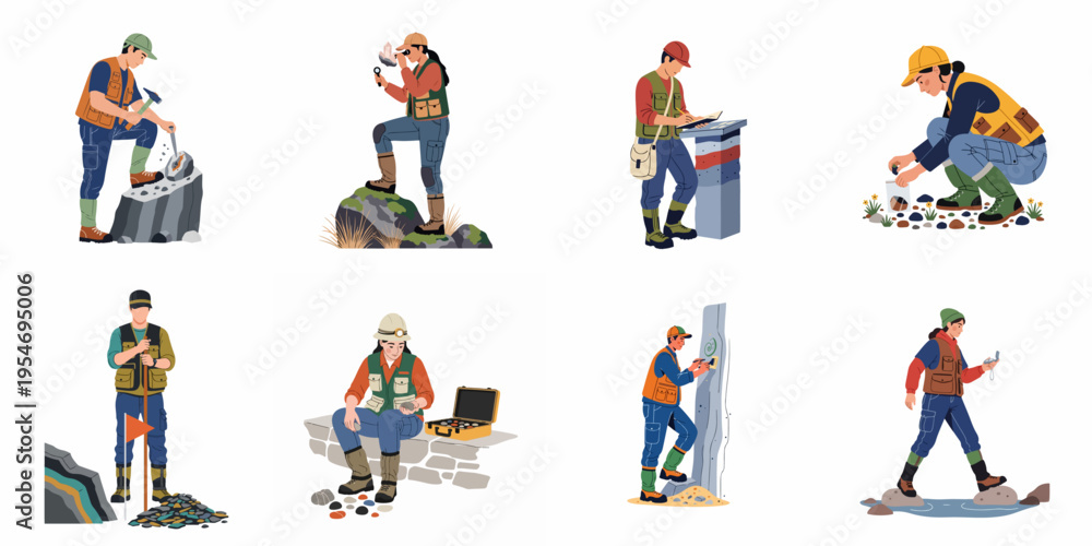 Fototapeta premium Collection of geologist and archaeologist illustrations showing professionals examining rock samples, collecting specimens, and conducting field research in various outdoor settings.