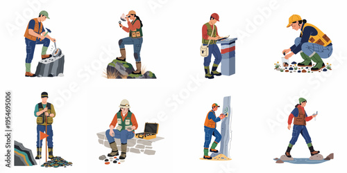 Collection of geologist and archaeologist illustrations showing professionals examining rock samples, collecting specimens, and conducting field research in various outdoor settings.
