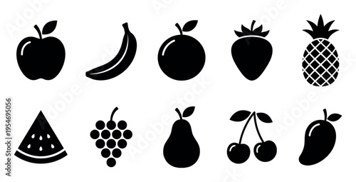 A clean, modern collection of black fruit icons on a white background, featuring apple, banana, orange, strawberry, pineapple, watermelon, grapes, pear, cherries, and mango.