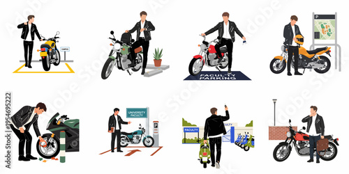 Collection of illustrations featuring a man in a leather jacket with various motorcycles in university parking lots and campus settings.