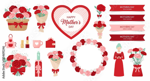 Happy Mother's Day Vector Illustration Set with Pink and Red Carnations, Floral Bouquets, Gift Icons, Ribbons, and Heart Wreath for Celebration Design