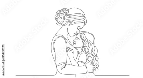Continuous Line Drawing of Mother and Daughter Hugging, Minimalist One Line Art of Woman and Child, Mother's Day Concept Illustration