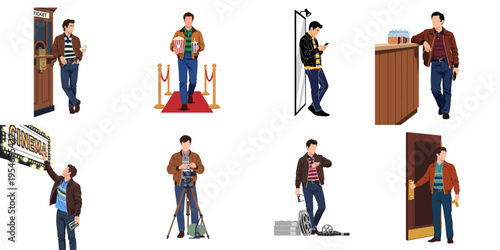 Vector illustration set of a man in various cinema-related activities, including buying tickets, eating popcorn, and operating a vintage camera.