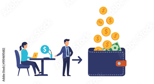 Businessman standing next to a colleague at a desk while golden coins and a dollar bill fall into a giant leather wallet.