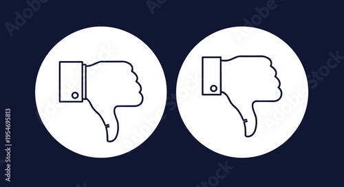 Two dark blue outline icons of a thumbs down gesture inside white circles representing dislike, disapproval, and negative feedback.