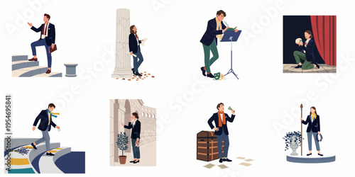 Collection of diverse people in classical and theatrical settings, featuring actors, performers, and students in a clean flat illustration style.