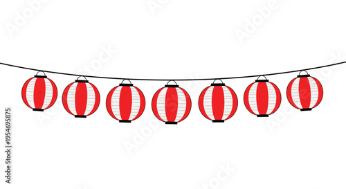 String of traditional red and white striped Japanese paper lanterns hanging against a white background for festival decoration.