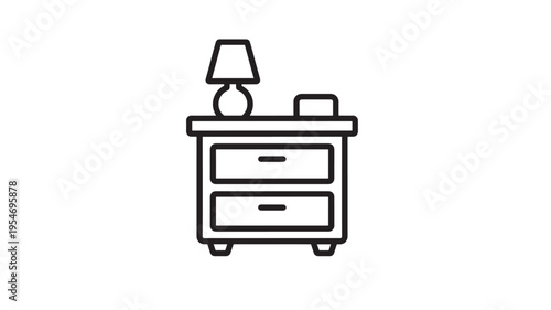 Nightstand with lamp and box icon in simple outline style on a white background for interior design.