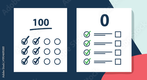 Comparison of two exam test papers showing one perfect score of one hundred and one failure score of zero with checkboxes.