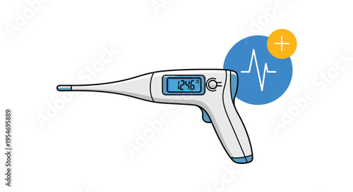 Modern digital ear thermometer device with medical heart rate and plus icons for body temperature measurement and healthcare.