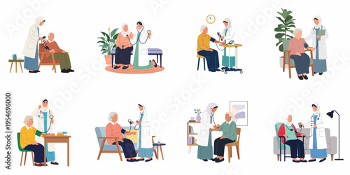 Muslim female doctor measuring blood pressure for elderly patients, set of flat medical illustrations showcasing senior healthcare and home nursing care services.