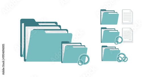 Set of digital file folders and document icons in shades of blue and teal for data organization and business management.