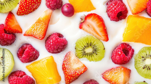 Fresh fruit salad featuring vibrant strawberries, raspberries, kiwi, and orange slices in creamy yogurt, creating colorful and healthy treat