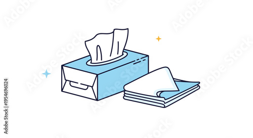 Light blue cardboard tissue box with a single tissue pulled out and a stack of folded paper tissues for hygiene care.