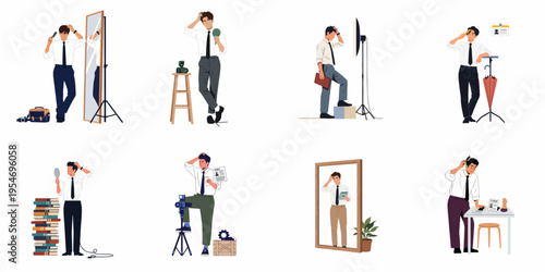 Set of flat illustrations featuring a young man grooming and preparing for photo shoots with mirrors, cameras, and professional equipment.