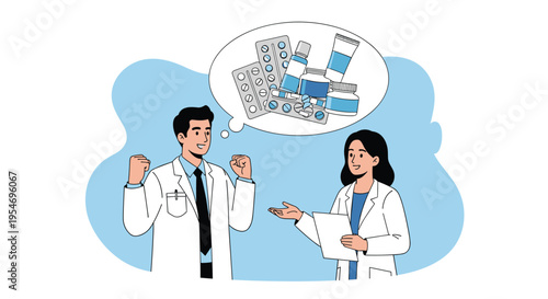 Two medical professionals talking together while one thinks about various medicines tablets and capsules for treatment.