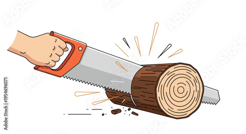 Human hand using an orange hand saw to cut through a large wooden log with wood chips flying in the air for carpentry.