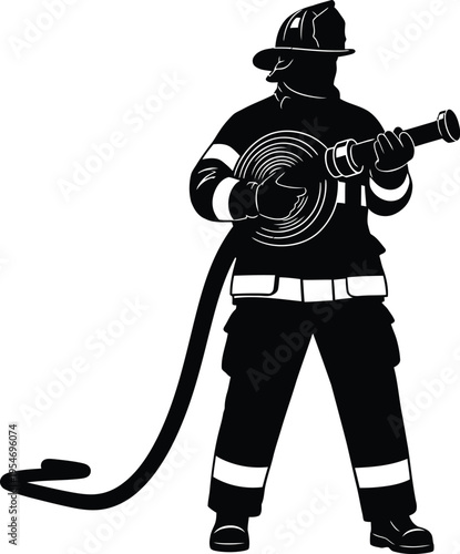 Silhouette of firefighter holding fire hose with white background