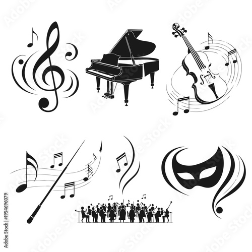 Classical Music and Theater Illustration Set: Piano, Violin, Orchestra, and Musical Notes