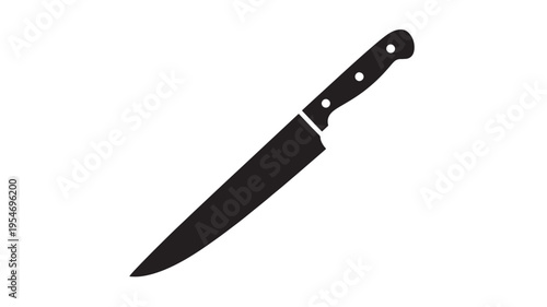 Knife kitchen utensil with black handle and sharp blade, isolated on a white background. featuring food preparation, slicing, chopping with carving