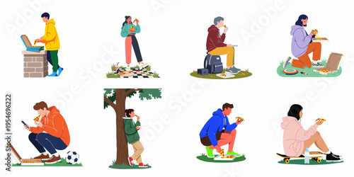 Collection of flat vector illustrations featuring diverse young people eating pizza outdoors in various casual settings like parks and city streets.