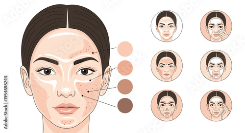 Detailed diagram of a woman's face showing various skin concerns like acne wrinkles and spots with magnified circle views.