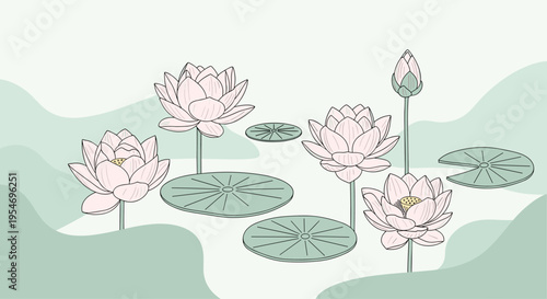 Serene pond landscape with pink lotus flowers blooming and green lily pads floating on the water surface for relaxation.