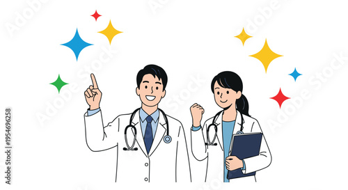 Joyful male and female doctors in lab coats celebrating and pointing upwards with colorful stars for medical success.