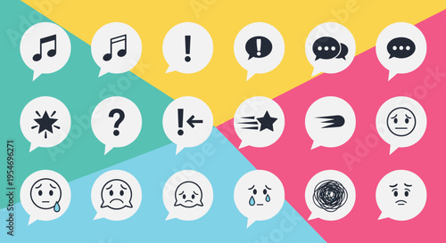 Grid of various emoji icons and symbols in speech bubbles on a vibrant multi colored background for social messaging.