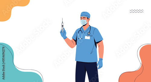 Professional male surgeon in blue scrubs and medical mask holding a syringe for surgery or vaccination procedure.