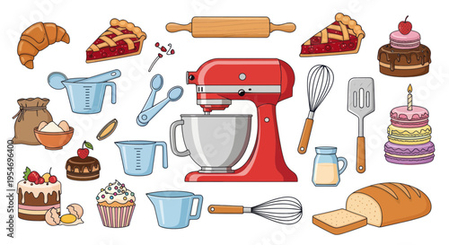 Baking Ingredients and Tools Collection: Cakes, Pies, Bread, Mixer, Utensils