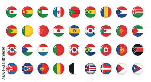 Collection of World Flags in Circular Icons with Grunge Texture