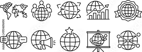 Global business and technology icons representing communication, strategy, and growth