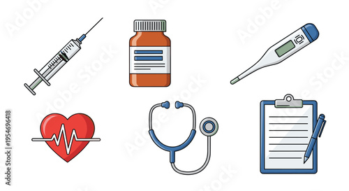 Comprehensive set of medical and healthcare icons including a syringe pill bottle thermometer heart rate and stethoscope.
