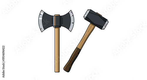 Traditional double bladed battle axe and a heavy sledgehammer with wooden handles for woodworking or historical concepts.