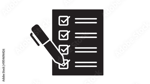 Checklist icon with a pen marking items, representing task completion and organization in a simple black and white graphic style.