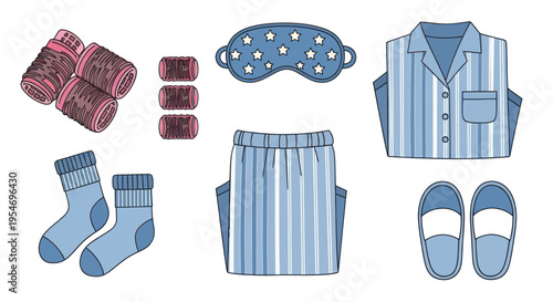 Cozy Pajamas and Sleep Accessories Set: Eye Mask, Socks, Slippers, and Hair Rollers